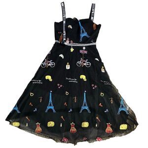 Whimsigoth Artsy Parisian France Black Mesh Tulle Embroidery Midi Dress Small
